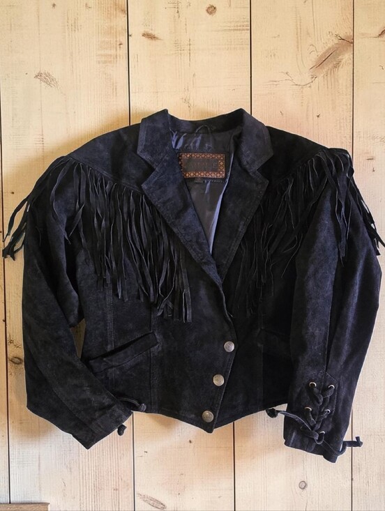 Vintage Jackets & Blazers - 90s Vintage Black Suede Fringe Leather Jacket Western Corset Lace Medium Boho